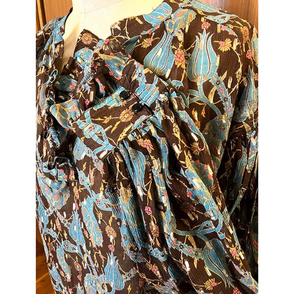 RARE FIGUE long sleeve "poet" blouse, ruffled, silk with metallic thread, S-M - Picture 6 of 6